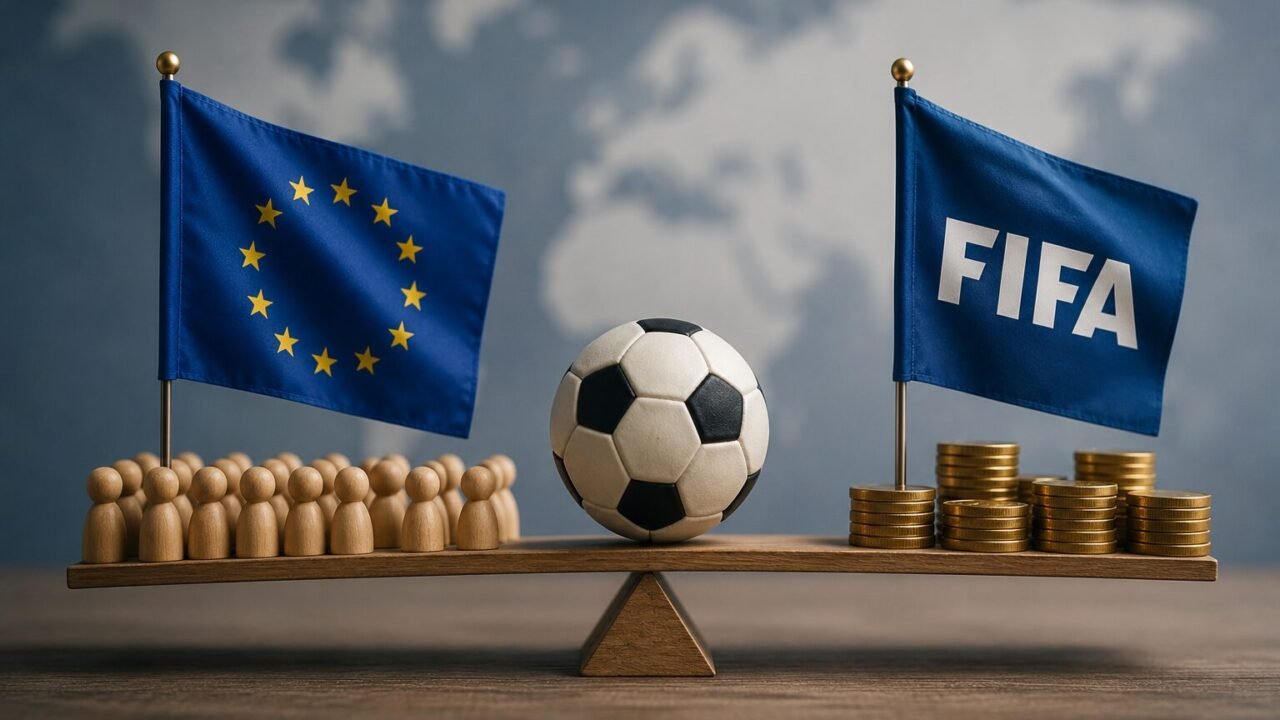 EU-Flagge und FIFA-Flagge stehen sich mit einem Fußball, Figuren und Geldmünzen gegenüber.
