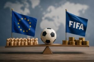 EU-Flagge und FIFA-Flagge stehen sich mit einem Fußball, Figuren und Geldmünzen gegenüber.
