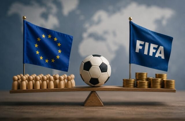 EU-Flagge und FIFA-Flagge stehen sich mit einem Fußball, Figuren und Geldmünzen gegenüber.