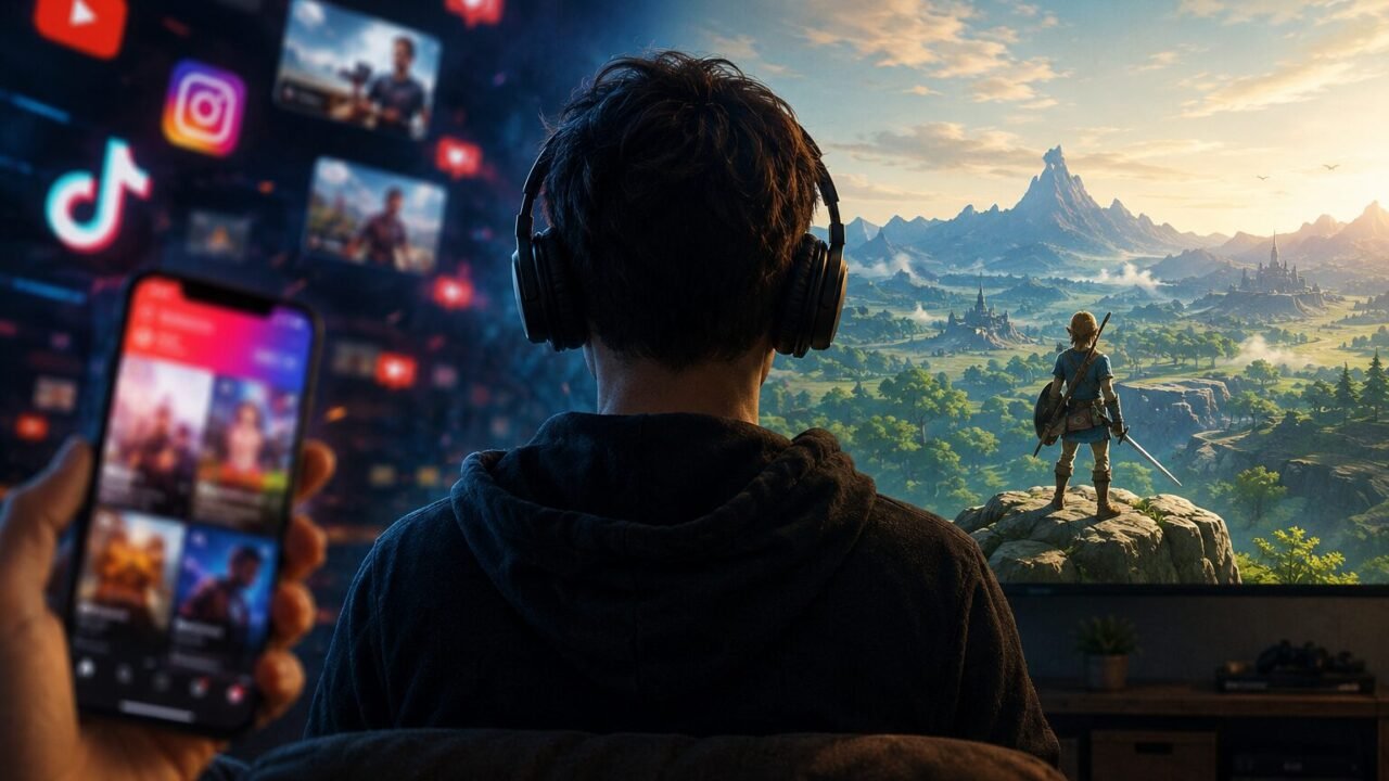 Spieler mit Kopfhörern zwischen Smartphone-Ablenkung und einer immersiven Fantasy-Spielwelt auf dem Bildschirm