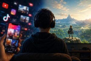 Spieler mit Kopfhörern zwischen Smartphone-Ablenkung und einer immersiven Fantasy-Spielwelt auf dem Bildschirm