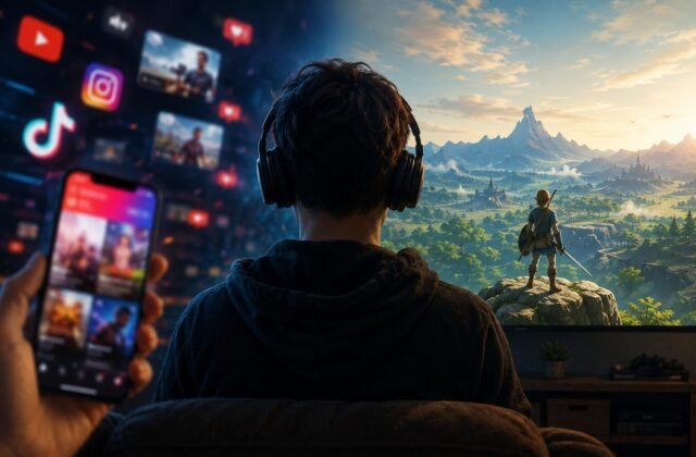 Spieler mit Kopfhörern zwischen Smartphone-Ablenkung und einer immersiven Fantasy-Spielwelt auf dem Bildschirm