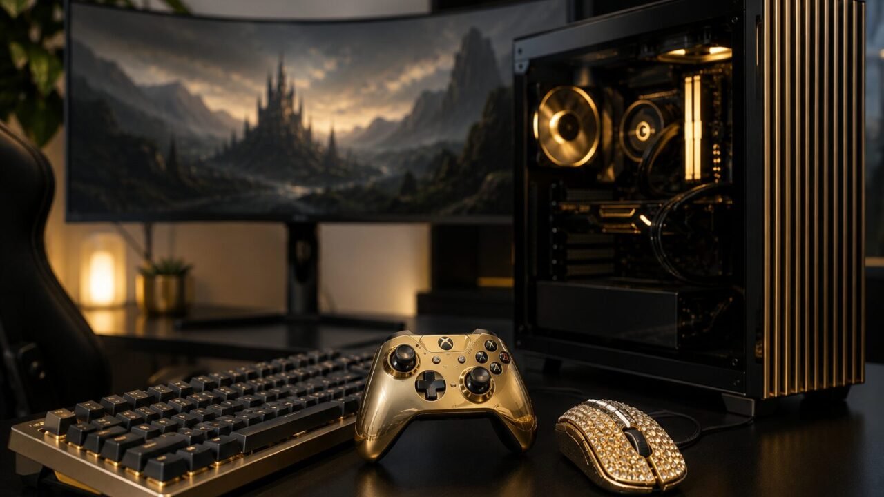 Hochwertiges Gaming-Setup mit goldenem Controller, mechanischer Tastatur, Gaming-PC und edelsteinbesetzter Maus