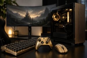 Hochwertiges Gaming-Setup mit goldenem Controller, mechanischer Tastatur, Gaming-PC und edelsteinbesetzter Maus