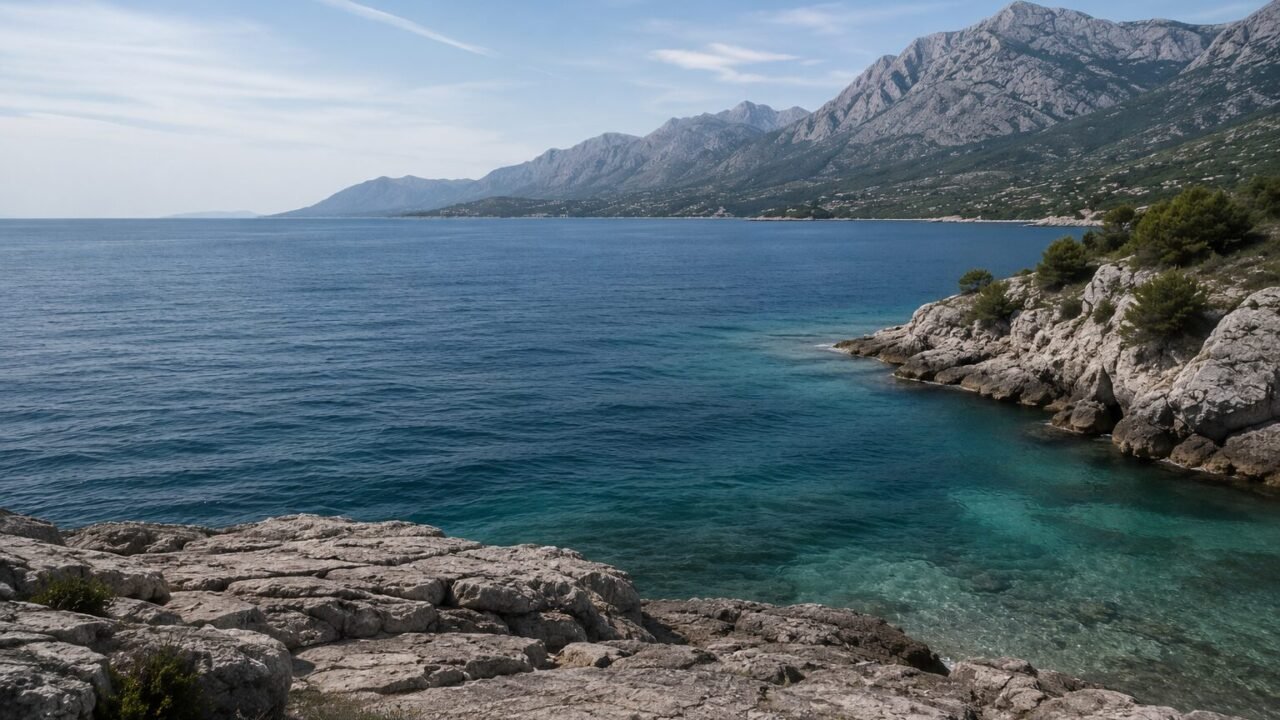 Felsige Mittelmeerküste mit blauem Meer und Gebirgen als sichtbare Überreste von Greater Adria.