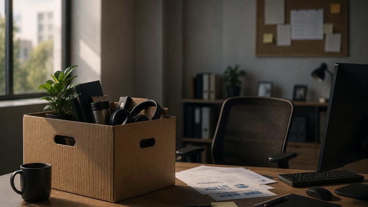Verlassener Arbeitsplatz in einem Spieleentwicklerstudio mit gepacktem Karton auf dem Schreibtisch