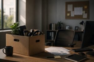 Verlassener Arbeitsplatz in einem Spieleentwicklerstudio mit gepacktem Karton auf dem Schreibtisch