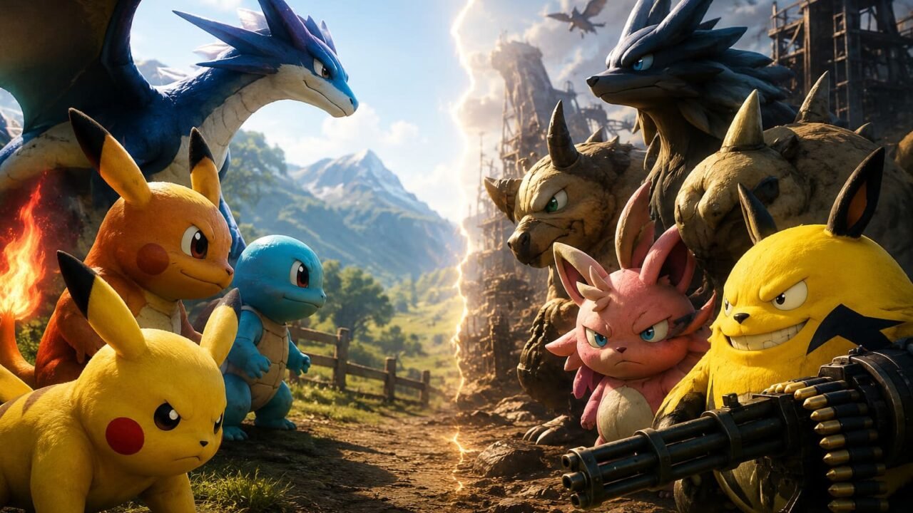 Pikachu, Schiggy und Glurak stehen bewaffneten Palworld-Kreaturen in einer geteilten Fantasywelt gegenüber.