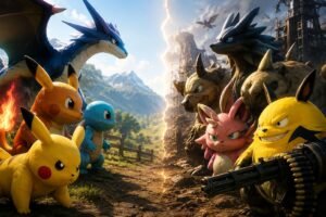 Pikachu, Schiggy und Glurak stehen bewaffneten Palworld-Kreaturen in einer geteilten Fantasywelt gegenüber.