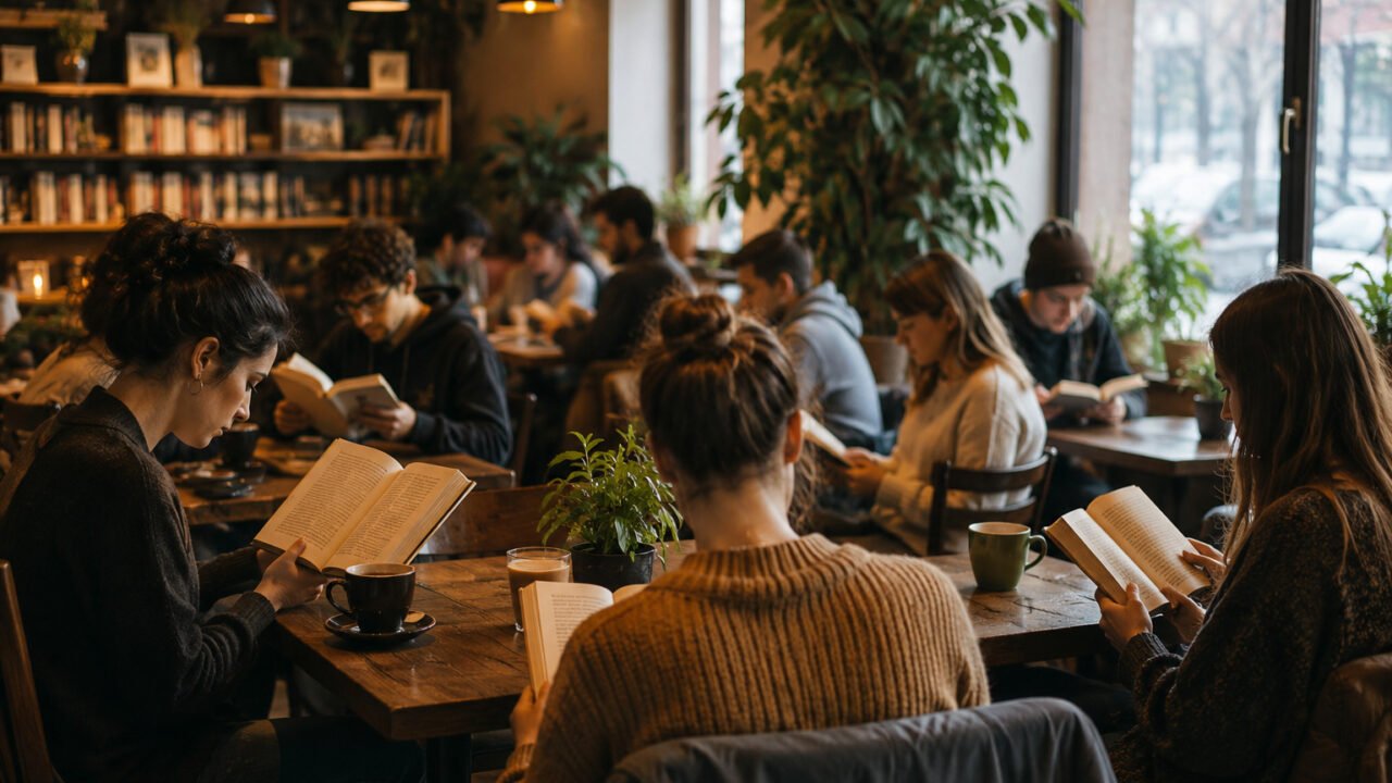 Mehrere Menschen lesen schweigend ihre eigenen Bücher in einem Café