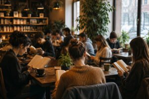 Mehrere Menschen lesen schweigend ihre eigenen Bücher in einem Café