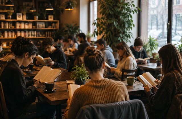 Mehrere Menschen lesen schweigend ihre eigenen Bücher in einem Café