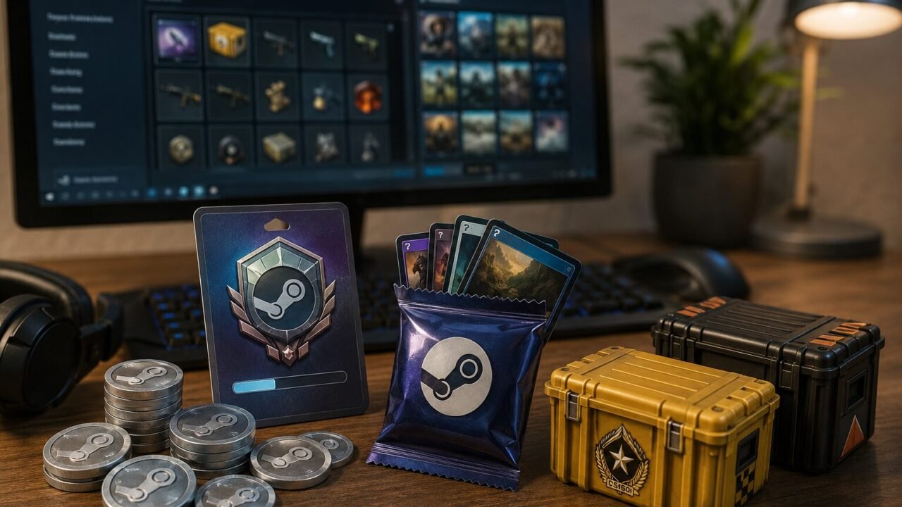 Steam-Punkte, Abzeichen, Booster-Pack und CS2-Kisten vor einem geöffneten Steam-Inventar.