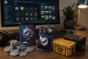 Steam-Punkte, Abzeichen, Booster-Pack und CS2-Kisten vor einem geöffneten Steam-Inventar.