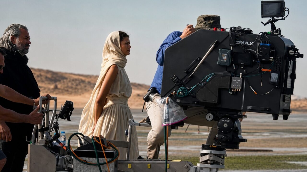 Große IMAX-Filmkamera auf einem Kamerawagen während der Dreharbeiten zu „The Odyssey“ in einer Küstenlandschaft.