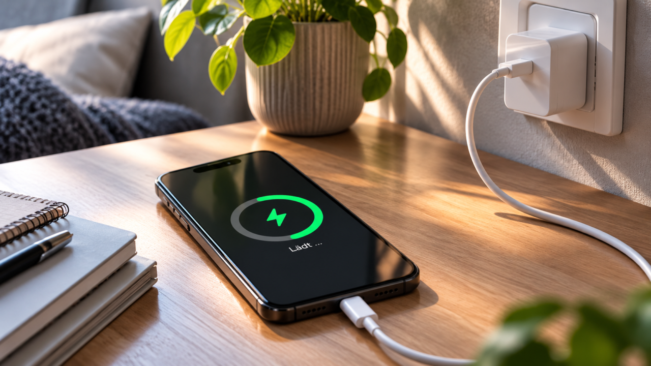 Smartphone wird über ein Ladekabel auf einem Schreibtisch geladen.