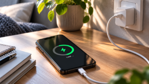 Smartphone wird über ein Ladekabel auf einem Schreibtisch geladen.