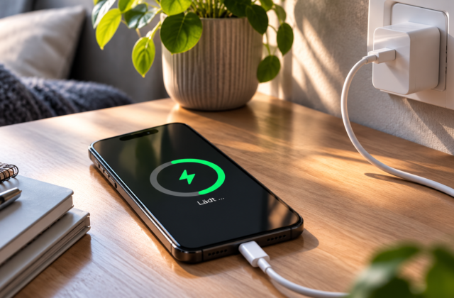 Smartphone wird über ein Ladekabel auf einem Schreibtisch geladen.