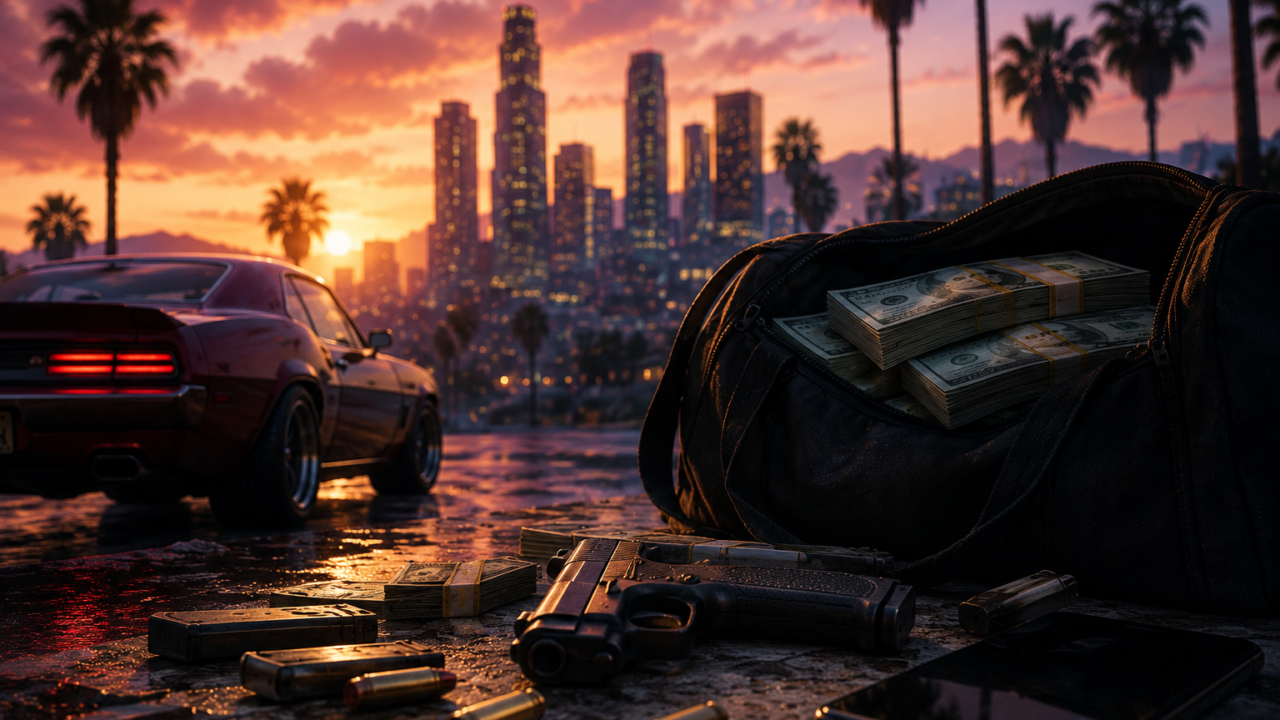 GTA-inspirierte Stadtszene mit Sportwagen, Geldtasche und Smartphone als Symbol für die CyberLeek-Leaks rund um GTA 6.