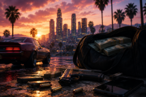 GTA-inspirierte Stadtszene mit Sportwagen, Geldtasche und Smartphone als Symbol für die CyberLeek-Leaks rund um GTA 6.