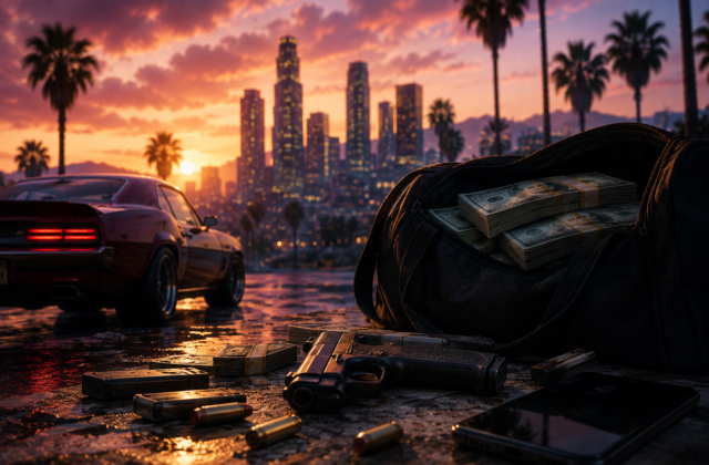 GTA-inspirierte Stadtszene mit Sportwagen, Geldtasche und Smartphone als Symbol für die CyberLeek-Leaks rund um GTA 6.