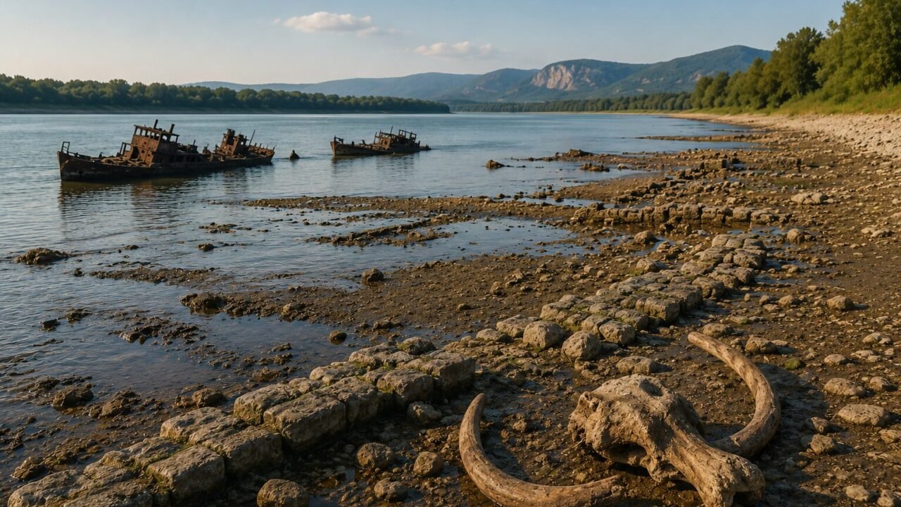Niedriger Wasserstand an der Donau mit freigelegten Schiffswracks, alten Steinresten und Mammutknochen am Ufer.