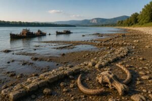 Niedriger Wasserstand an der Donau mit freigelegten Schiffswracks, alten Steinresten und Mammutknochen am Ufer.