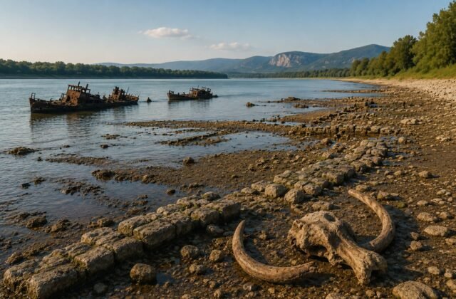 Niedriger Wasserstand an der Donau mit freigelegten Schiffswracks, alten Steinresten und Mammutknochen am Ufer.