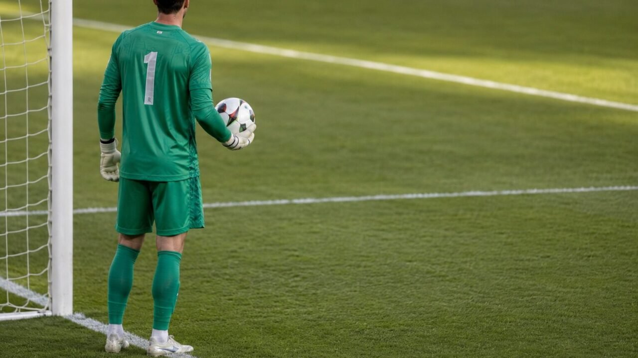 Fußballtorwart steht mit dem Ball in der Hand vor dem eigenen Tor und wartet auf die Spielfortsetzung.