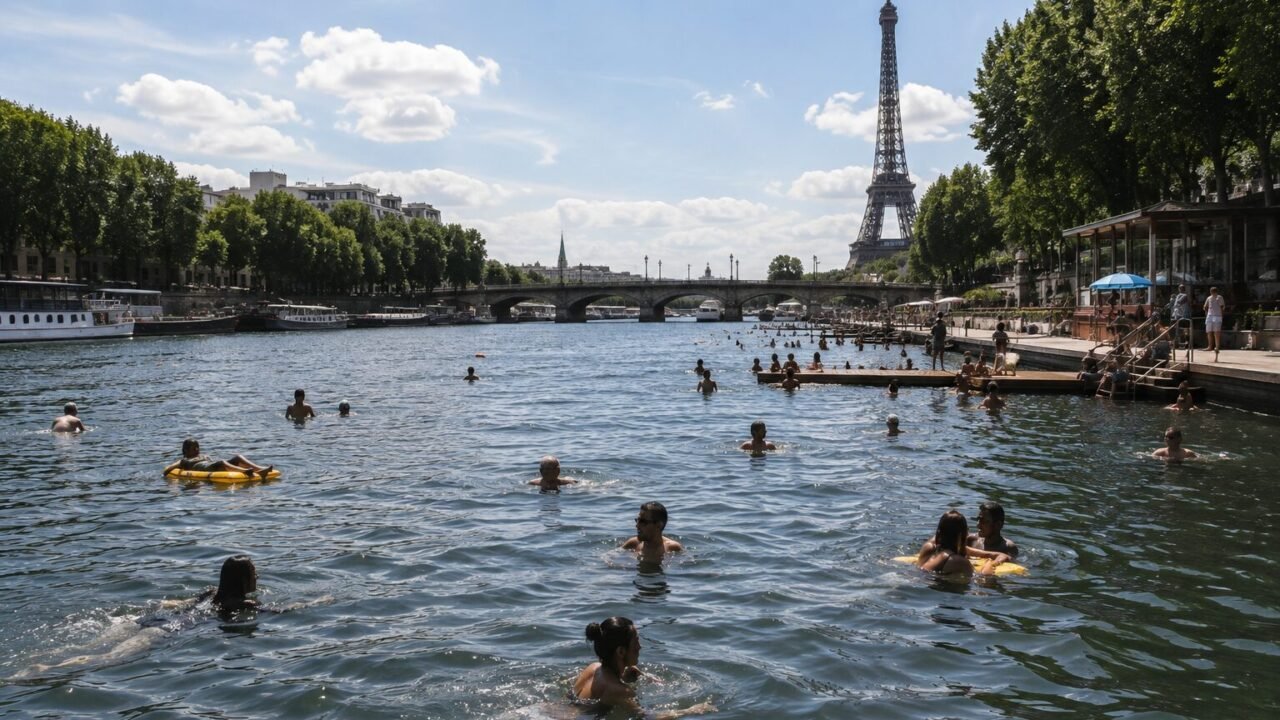 Menschen schwimmen an einem sonnigen Sommertag in der Seine in Paris, im Hintergrund ist der Eiffelturm zu sehen.