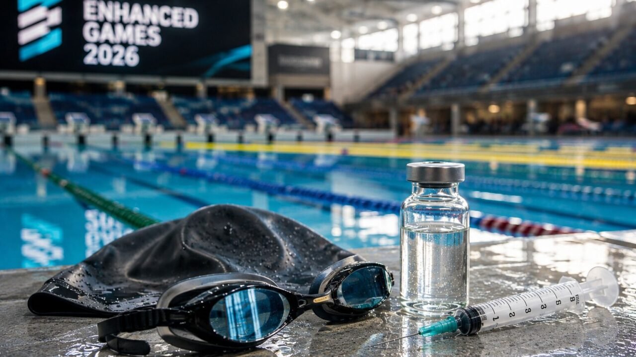 Schwimmbrille, Badekappe, Spritze und Medikamentenfläschchen am Beckenrand als Symbol für die Enhanced Games 2026.