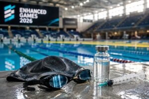 Schwimmbrille, Badekappe, Spritze und Medikamentenfläschchen am Beckenrand als Symbol für die Enhanced Games 2026.