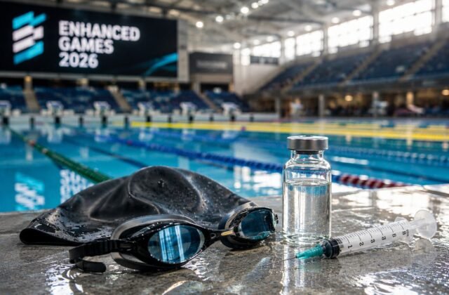 Schwimmbrille, Badekappe, Spritze und Medikamentenfläschchen am Beckenrand als Symbol für die Enhanced Games 2026.