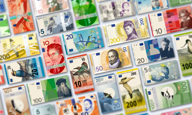 Verschiedene Designvorschläge der EZB für neue Euro-Scheine von 5 bis 200 Euro