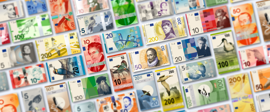 Verschiedene Designvorschläge der EZB für neue Euro-Scheine von 5 bis 200 Euro