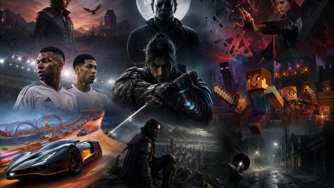 Collage aus verschiedenen Gaming-Szenen mit Action, Horror, Fantasy, Fußball, Rennspiel und Abenteuer als Symbol für die neuen Spiele im September 2026.