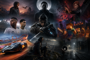 Collage aus verschiedenen Gaming-Szenen mit Action, Horror, Fantasy, Fußball, Rennspiel und Abenteuer als Symbol für die neuen Spiele im September 2026.
