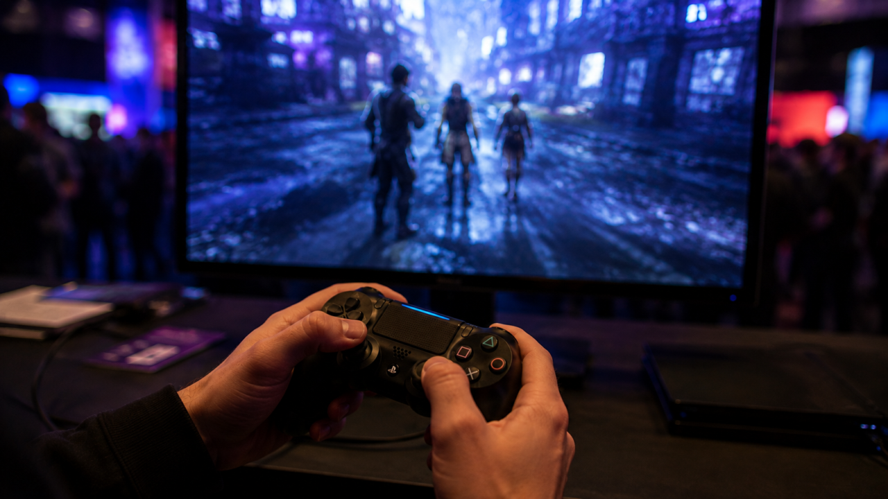 Hände mit Gaming-Controller vor einem Bildschirm auf einer Spielemesse