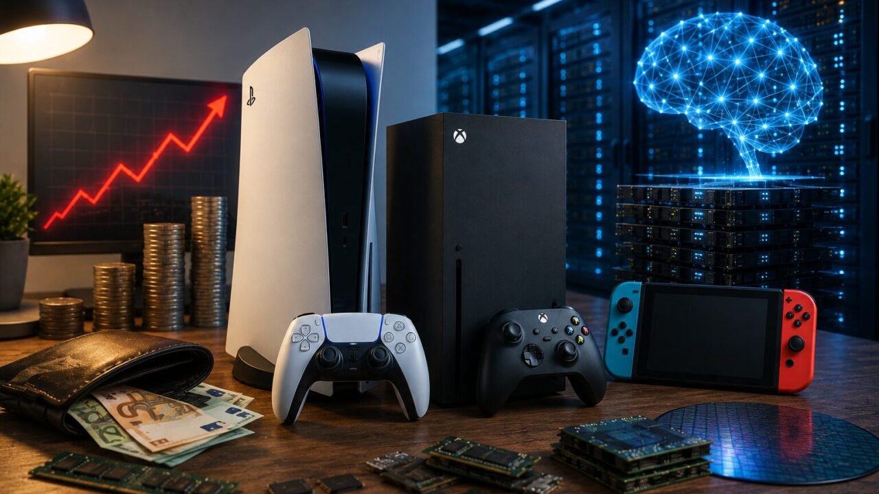 PlayStation, Xbox und Nintendo Switch vor einem KI-Rechenzentrum mit steigender Preiskurve, Geld und Speicherchips