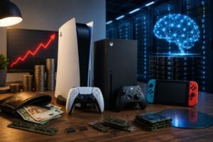 PlayStation, Xbox und Nintendo Switch vor einem KI-Rechenzentrum mit steigender Preiskurve, Geld und Speicherchips