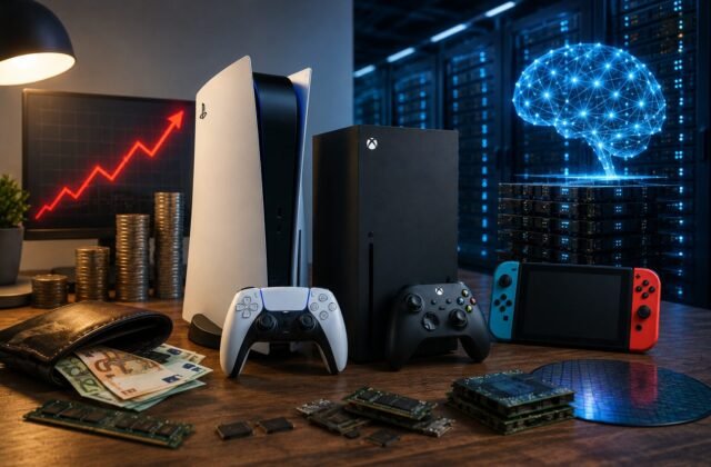 PlayStation, Xbox und Nintendo Switch vor einem KI-Rechenzentrum mit steigender Preiskurve, Geld und Speicherchips