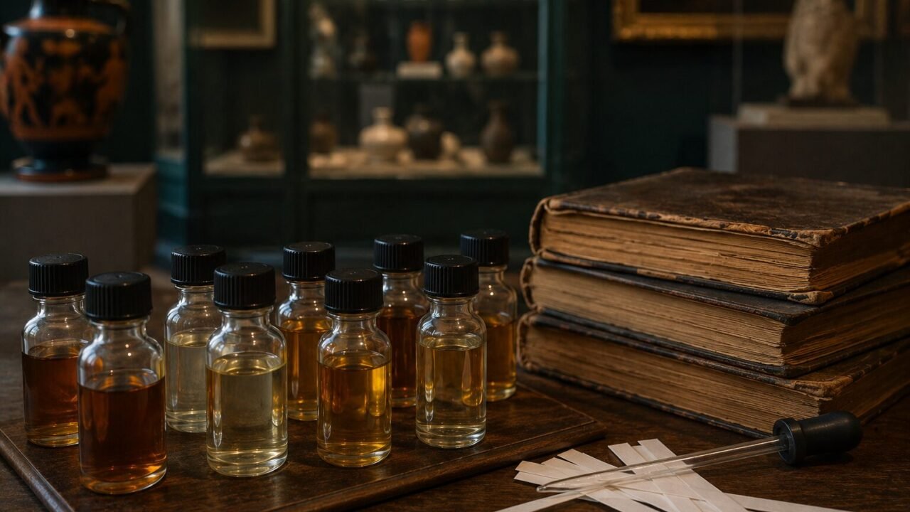 Duftproben, alte Bücher und Pipette in einem Museum zur Erforschung historischer Gerüche.