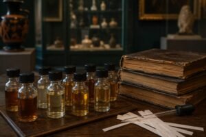Duftproben, alte Bücher und Pipette in einem Museum zur Erforschung historischer Gerüche.