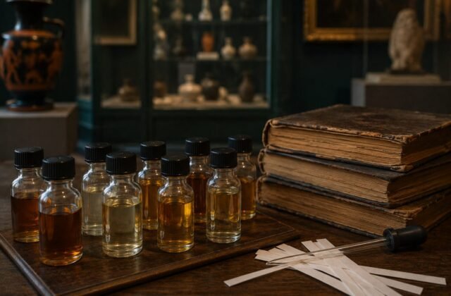 Duftproben, alte Bücher und Pipette in einem Museum zur Erforschung historischer Gerüche.