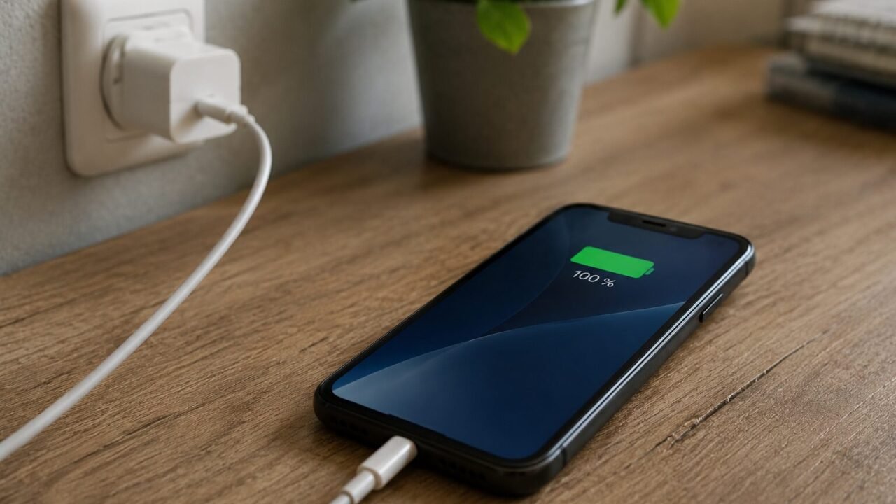 Smartphone wird per Ladekabel an einer Steckdose aufgeladen.