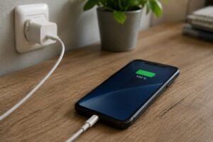 Smartphone wird per Ladekabel an einer Steckdose aufgeladen.