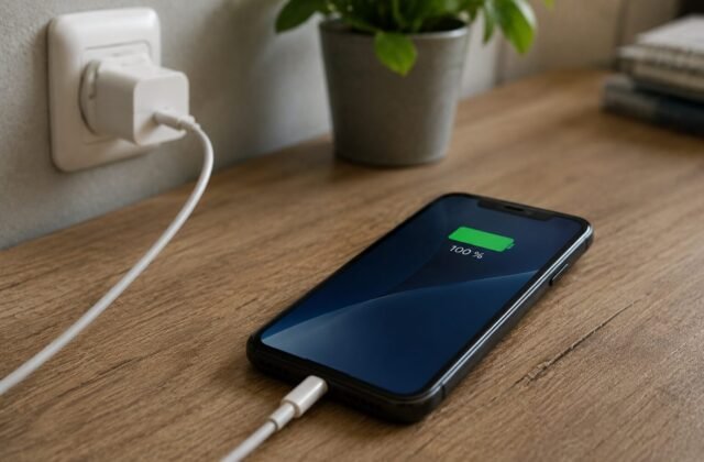 Smartphone wird per Ladekabel an einer Steckdose aufgeladen.