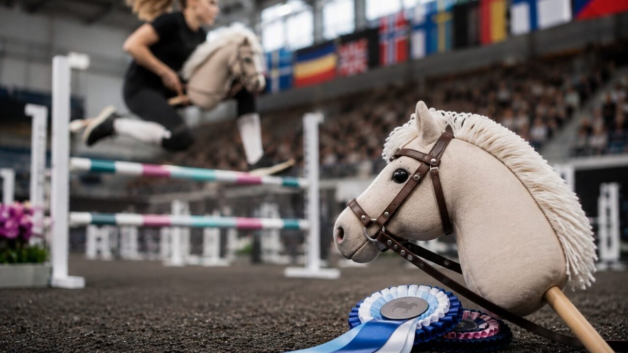 Hobby-Horse mit Siegerschleifen im Vordergrund, während eine Teilnehmerin bei einem Wettkampf über eine Hürde springt.