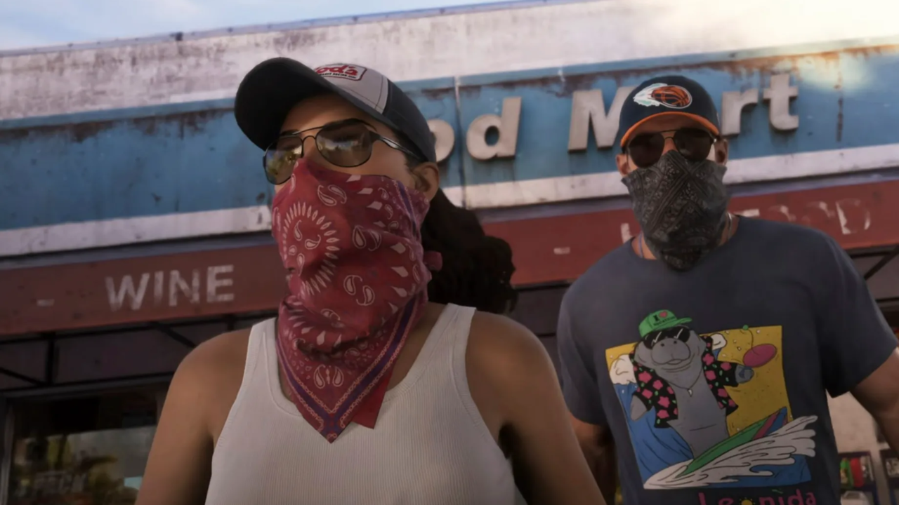 Zwei maskierte Figuren mit Bandanas vor einem Geschäft im neuen GTA-6-Gameplay