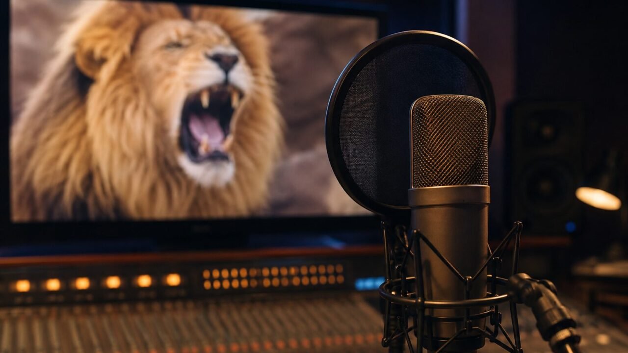 Studiomikrofon vor einem Bildschirm mit brüllendem Löwen in einem Tonstudio.